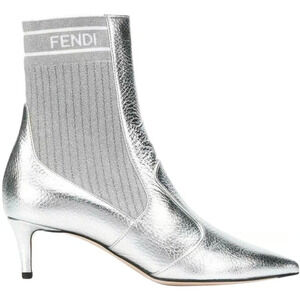 Fendi Rockoko Silver Scuba Stretch FF Logo Knit Sock Ankle Kitten Heel Bootie 36